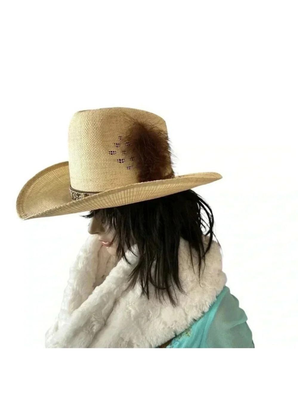 The Great Western Feather Straw Cowboy Cowgirl Hat Unisex, Country, Coachella, - Picture 2 of 16
